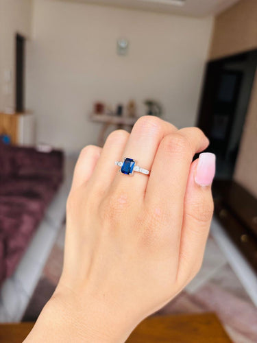 925 Silver Rectangular Blue Ring